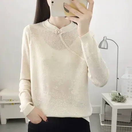 民族风旗袍领钉珠设计感针织衫毛衣女2023秋冬新款打底衫宽松上衣图片