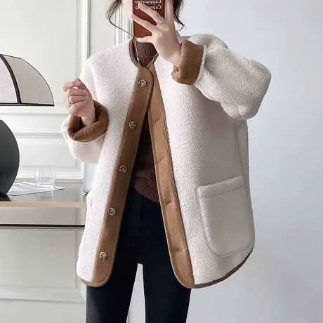 羊羔毛外套女新款2023爆款秋冬短款名媛复古高级感加厚棒球服上衣商品大图