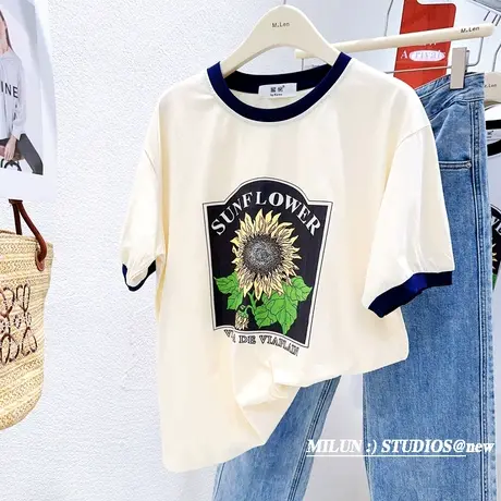 ins油画风向日葵T恤夏季款韩国东大门美式复古设计感撞色短袖上衣图片