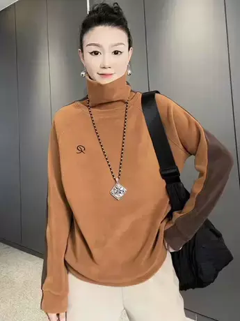 2023秋冬季新款简约百搭撞色奥粒绒加厚高领简约卫衣宽松长袖上衣图片