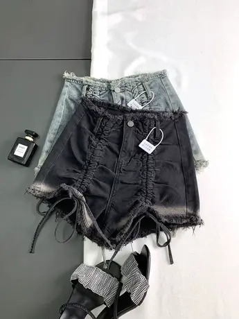 2023新款抽绳褶皱高腰牛仔短裤女夏季高腰显瘦阔腿毛边A字热裤潮图片