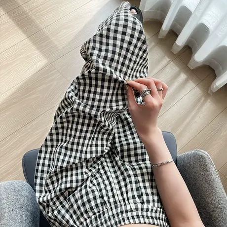 黑白格棉麻阔腿裤女夏季薄款高腰显瘦宽松小个子九分哈伦山本裤潮商品大图