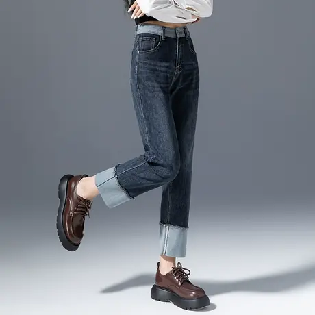 高腰卷边直筒牛仔裤女2023年新款春秋女裤显瘦九分裤子翻边烟管裤图片