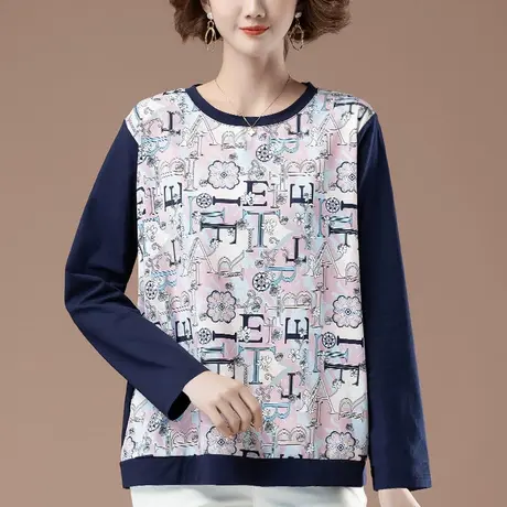 长袖t恤女春秋季加肥加大码女装宽松中年妈妈百搭拼接显瘦打底衫商品大图