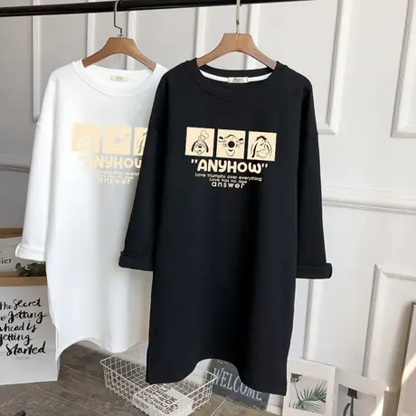 长袖t恤女打底衫纯棉上衣2022年秋冬磨毛加厚卡通印花中长款内搭图片