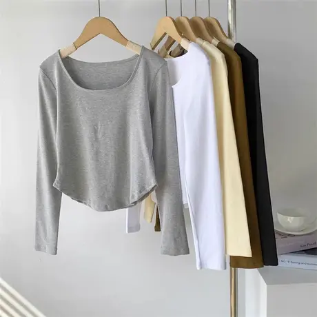 方领下摆半圆短款长袖TT恤女奶油杏色修身显瘦高腰美式上衣舞蹈服图片