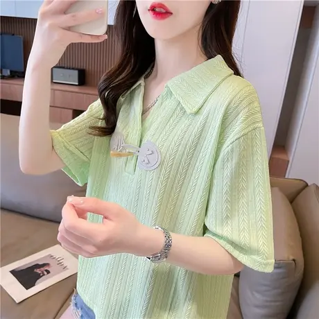 翻领polo衫短袖t恤女夏季韩版宽松大码v领小个子设计感小众上衣服图片