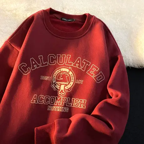 国潮oversize酒红色圆领加绒卫衣女ins宽松大码美式复古加厚外套商品大图