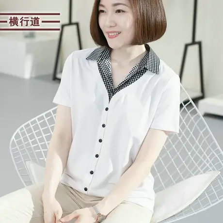 假两件衬衫领中年妈妈百搭短袖黑色格子上衣2025夏季半袖t恤女装商品大图