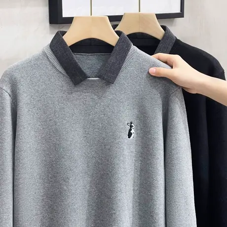 新款秋冬季潮流假两件男士毛衣衬衫领兔子刺绣针织打底衫男装上衣商品大图