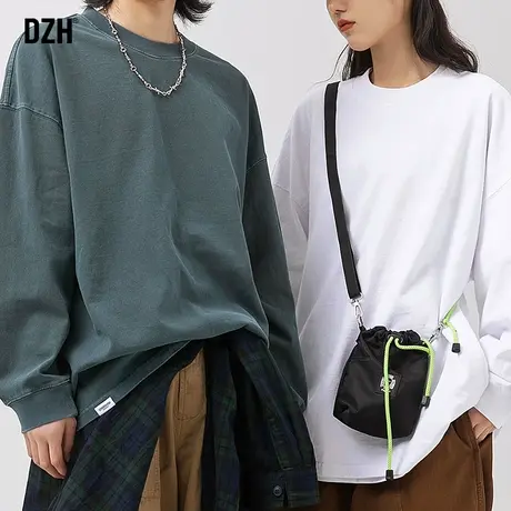 情侣纯棉长袖t恤男秋季衣服男款情侣装2023新款纯色圆领上衣打底商品大图