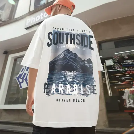 oversize欧美潮牌胖子男装大码国潮宽松油画短袖T恤潮流纯棉半袖商品大图