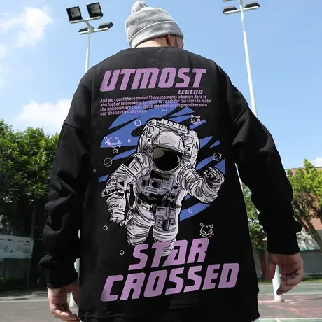 大码冬季2024嘻哈潮牌卫衣男宇航员印花宽松套头情侣胖子加绒加厚图片