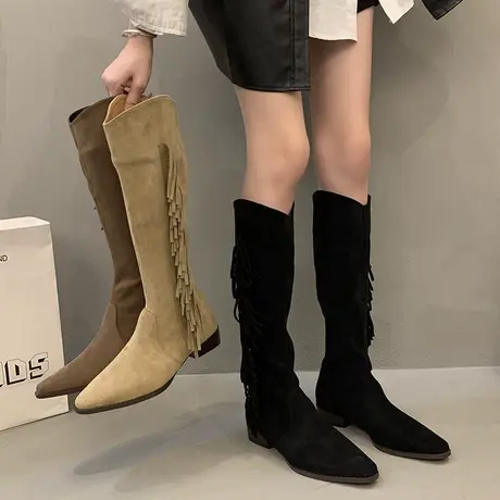 靴子女2023新款早秋高级感v口长筒靴气质粗跟时尚尖头绒面骑士靴图片