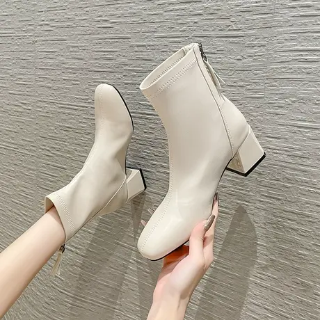 短靴女小个子2024年冬季新款韩版显瘦高跟短筒靴时尚粗跟切尔西靴商品大图