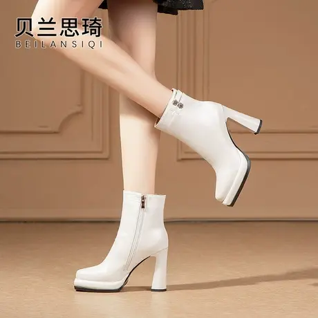 真皮方头防水台超高跟短靴女秋冬季新款厚底白色粗跟骑士马丁靴子图片