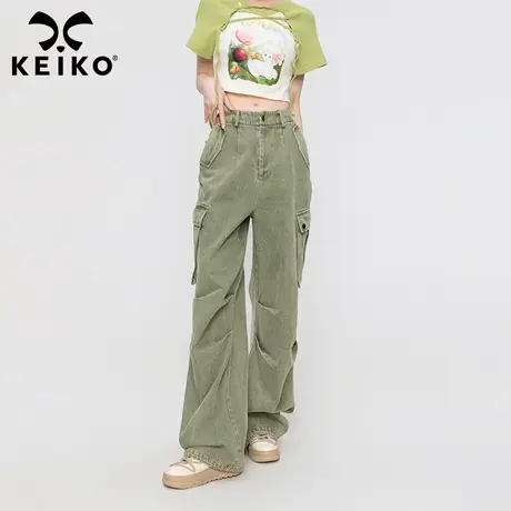 显瘦！军绿色直筒牛仔裤女2023夏季复古工装宽松拖地工装阔腿裤子商品大图