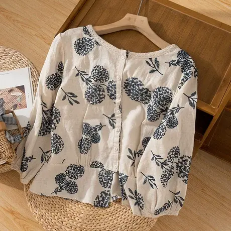 享永子刺绣亚麻短款上衣娃娃衫文艺复古宽松减龄气质2024秋季新款商品大图