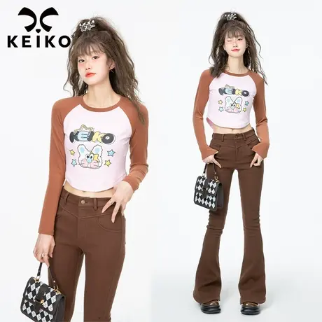 复古撞色插肩长袖t恤女春秋季内搭外穿修身显瘦打底衫短款上衣商品大图