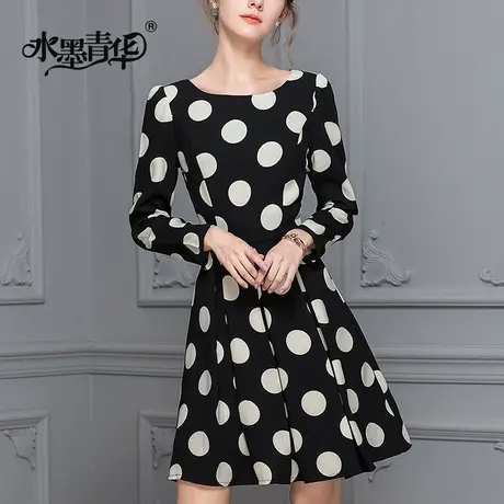 【1件7.9折】冬新品时尚修身气质优雅A摆波点连衣裙图片