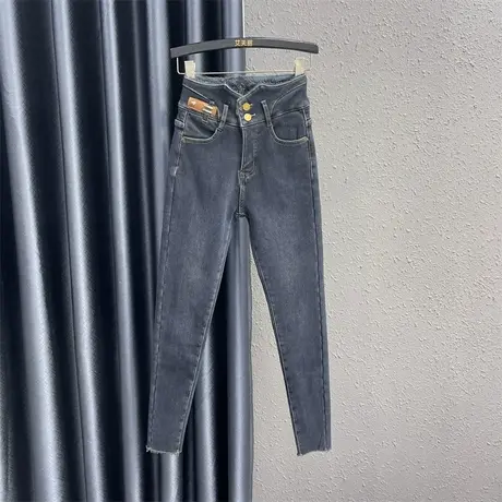 欧货不规则高腰设计感牛仔小脚裤女23冬季新款加绒保暖高腰铅笔裤图片