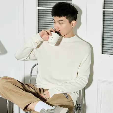 唐狮净色半高领打底衫冬季男士毛衣一体无缝针织衫薄款羊毛衫内搭图片