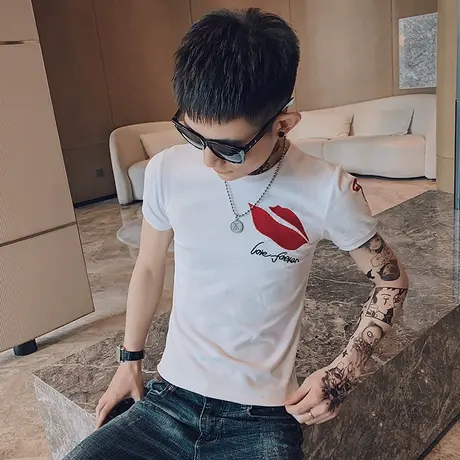 2023夏季新款韩版修身短袖T恤百搭个性半袖男时尚刺绣帅气les体恤商品大图