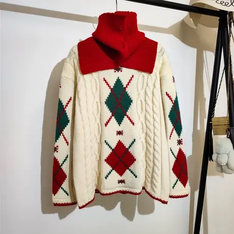 圣诞毛衣女复古撞色菱形格秋冬新款麻花套头针织衫围脖两件套加厚商品大图