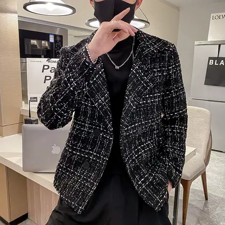 春秋男士夹克修身翻领潮流时尚休闲格子潮牌ins外套网红风衣上衣商品大图