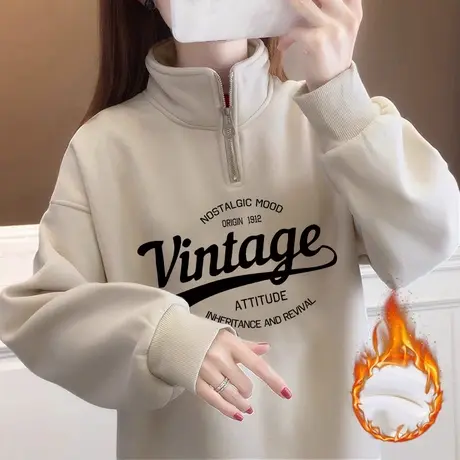 国潮冬季上衣oversize大码半拉链卫衣加绒ins潮保暖减龄复古外套商品大图