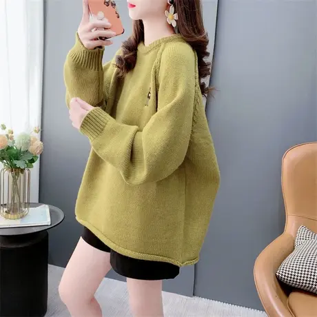 设计感刺绣小熊圆领毛衣女秋冬2023年新款宽松慵懒风时尚打底上衣商品大图