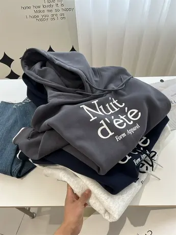 韩风chic时髦字母连帽套头卫衣女宽松加绒加厚慵懒风帽衫外套秋冬商品大图