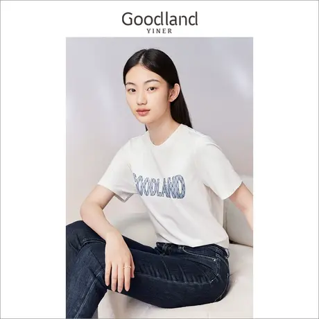 Goodland美地女装2023夏季短袖时尚字母logo印花T恤圆领上衣商品大图