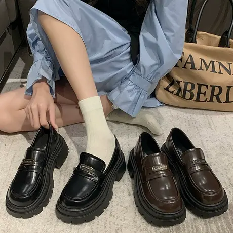 复古厚底乐福鞋女2024新款春秋百搭粗跟一脚蹬单鞋子英伦风小皮鞋图片