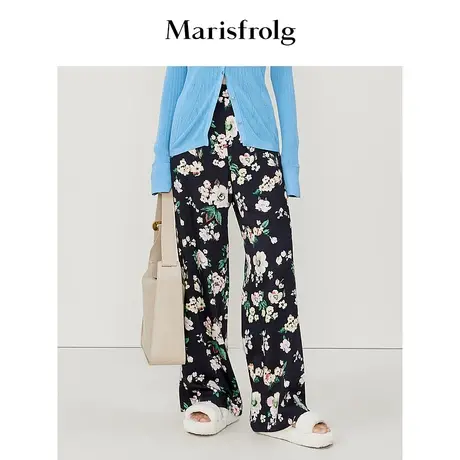 【鸢尾花羊毛】玛丝菲尔2022年春季新款碎花黑色休闲阔腿裤商品大图