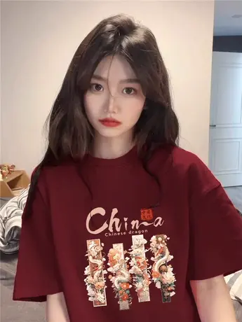 hiphop国潮圆领T恤女春夏季减龄上衣ins潮大码纯棉慵懒风龙年短袖图片