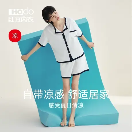 红豆棉质睡衣女小香风春夏薄款宽松短袖可外穿短裤女士家居服套装商品大图