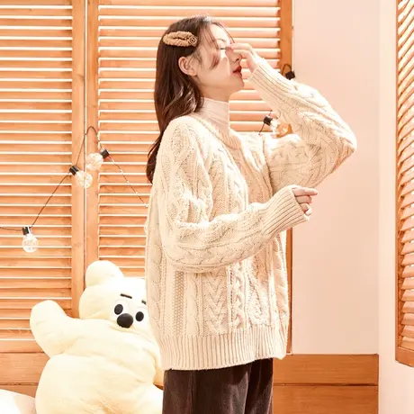 唐狮毛衣女款2023新款冬季圆领麻花毛衣日系慵懒风复古上衣1.20商品大图