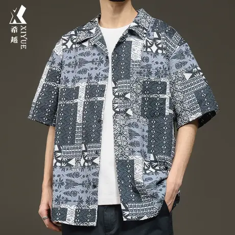 希越复古提花短袖衬衫男2024春夏大码男士vintage古巴领花衬衣服图片