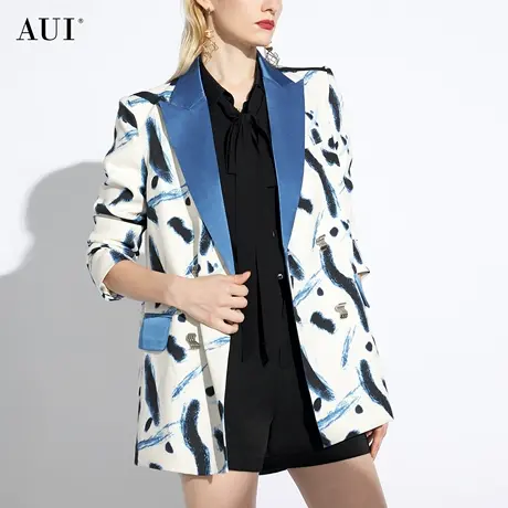 AUI蓝色设计感炸街西装外套女2024春秋新款高级小众御姐休闲西服图片