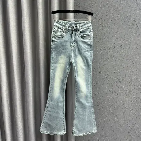 欧货浅色洗水磨白牛仔拖地长裤女2024春季新款高腰修身显瘦微喇裤图片