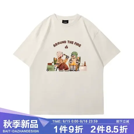 韩系卡通户外露营印花重磅T恤女法式盐系ins小众纯棉半袖上衣服图片