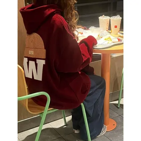 美式复古连帽酒红色卫衣女春秋薄款宽松慵懒风早秋季上衣外套潮牌商品大图