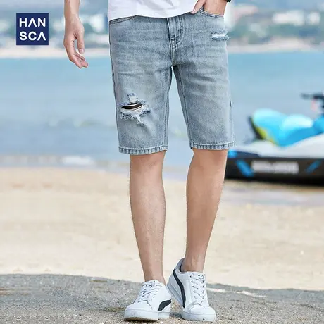 汉斯卡2021夏季浅色破洞直筒牛仔短裤男潮流韩版百搭宽松五分裤男商品大图
