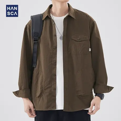 hansca翻领长袖衬衫男春季新款日系户外复古水洗宽松休闲衬衣外套图片