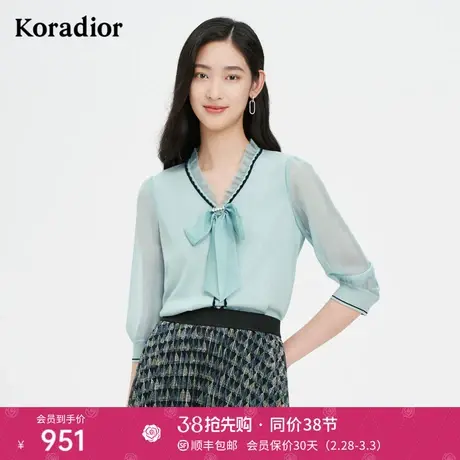 珂莱蒂尔新款法式V领冰丝针织短袖女夏气质优雅设计感小众T恤上衣商品大图