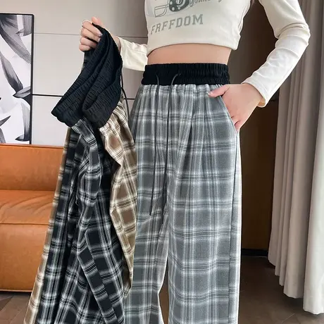格子休闲裤子女春夏2024新款复古高腰慵懒裤子垂感窄版直筒阔腿裤商品大图
