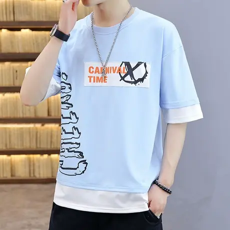 假两件t恤男潮牌潮流2023新款夏季冰丝半袖男士短袖宽松体恤衣服T商品大图