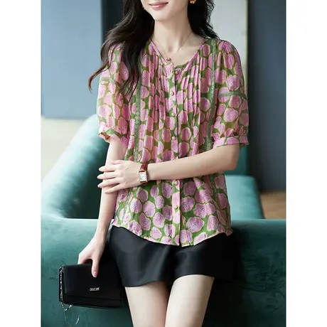 宝诗黎圆领蕾丝拼接印花衬衫女宽松上衣2023夏季新款短袖休闲衬衣商品大图