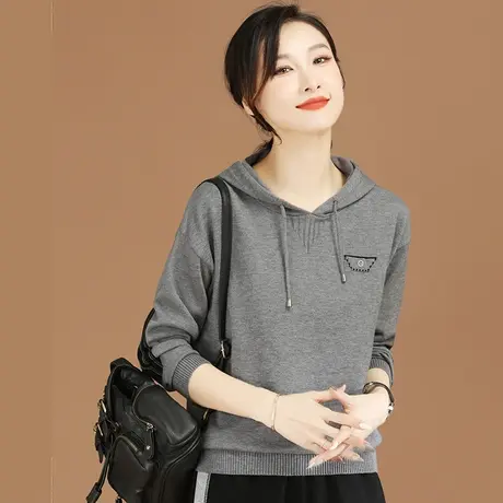 韩潮袭人套头连帽灰色长袖针织衫女2023秋季新款宽松休闲毛衣上衣商品大图